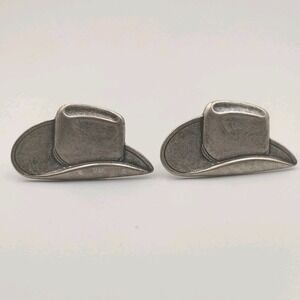 Vintage Cowboy Hat Shape WESTERN THEME‎ Silver Toned Earrings Omega Clips